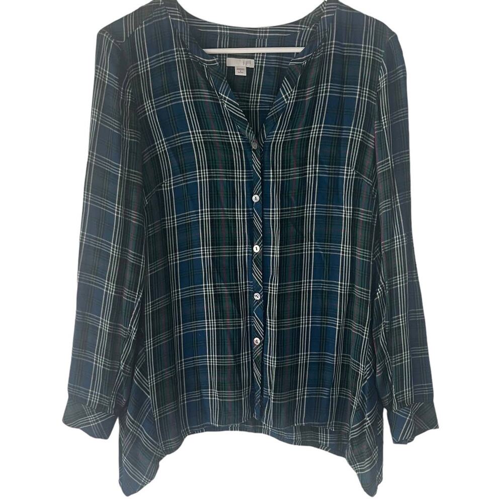 J. Jill Women's Size Small Green Blue Plaid Button Up Blouse